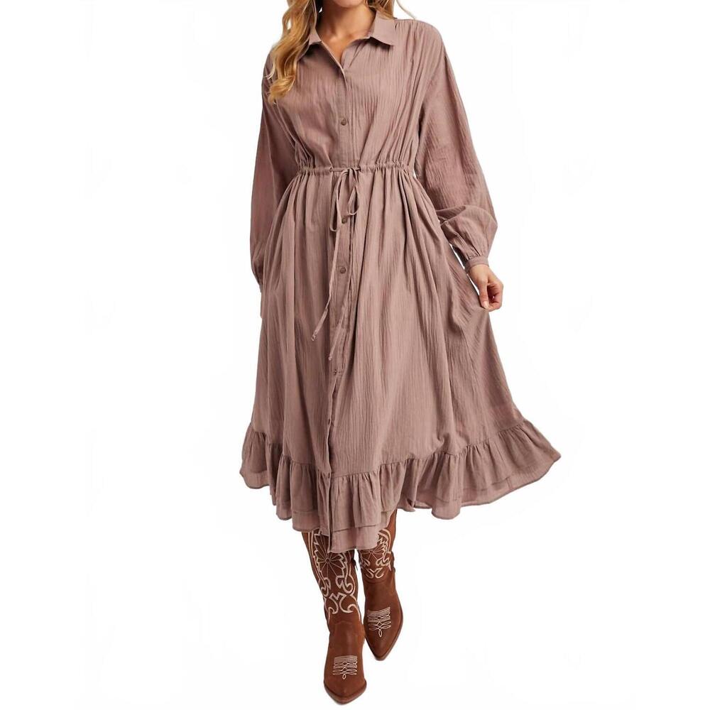 NEW BLUIVY ruffled midi open duster shirt dress in mauve - Picture 5 of 7